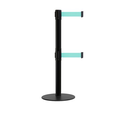 MONTOUR LINE Stanchion Dual Belt Barrier Flat Base Black Post 13ft. Lt GreenBelt MX630D-BK-LGN-130